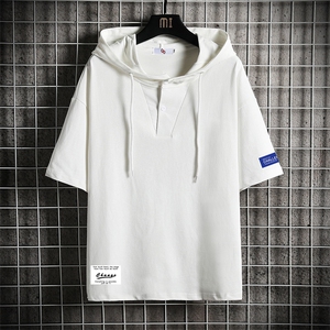 LD54062-P45 连帽短袖t恤男大码胖子带帽五分袖中袖 网格挂拍图片