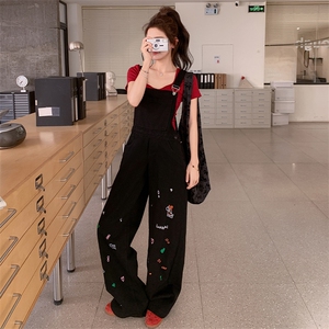 减龄短T恤刺绣牛仔背带裤套装女2025夏季新款学院风阔腿裤两件套图片