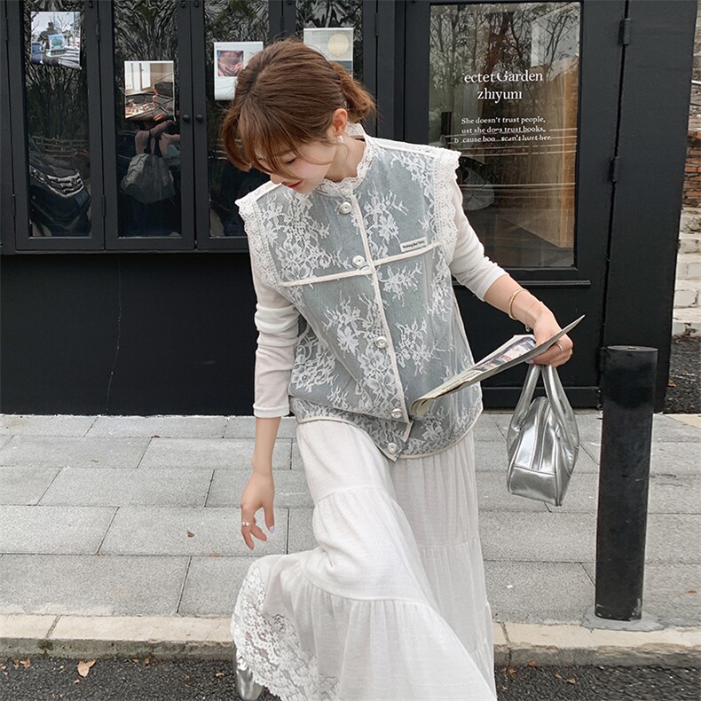 蕾丝拼接牛仔马甲外套女2025春季新款小个子圆领砍袖设计感上衣,女装马甲,浙宝069