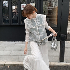 蕾丝拼接牛仔马甲外套女2025春季新款小个子圆领砍袖设计感上衣，女装马甲，浙宝069