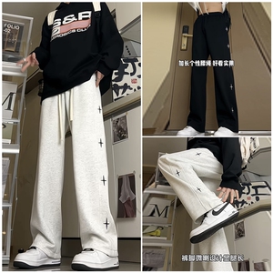 灰色加绒卫裤男秋冬季加绒美式潮牌刺绣星星运动休闲裤hiphop裤子图片