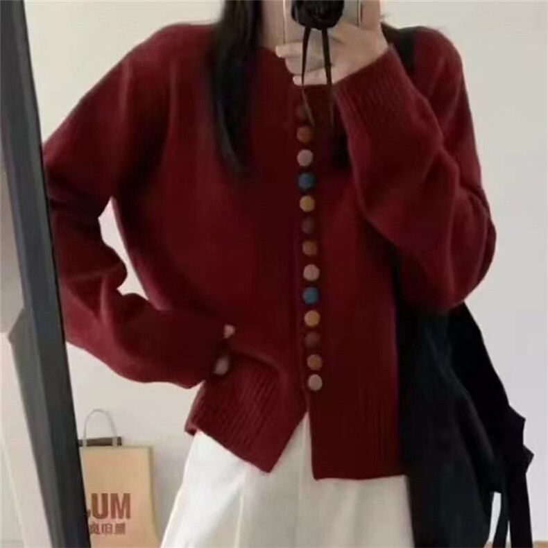 韩系简约彩色纽扣针织开衫女2025秋冬新款宽松短款高级感毛衣上衣图片