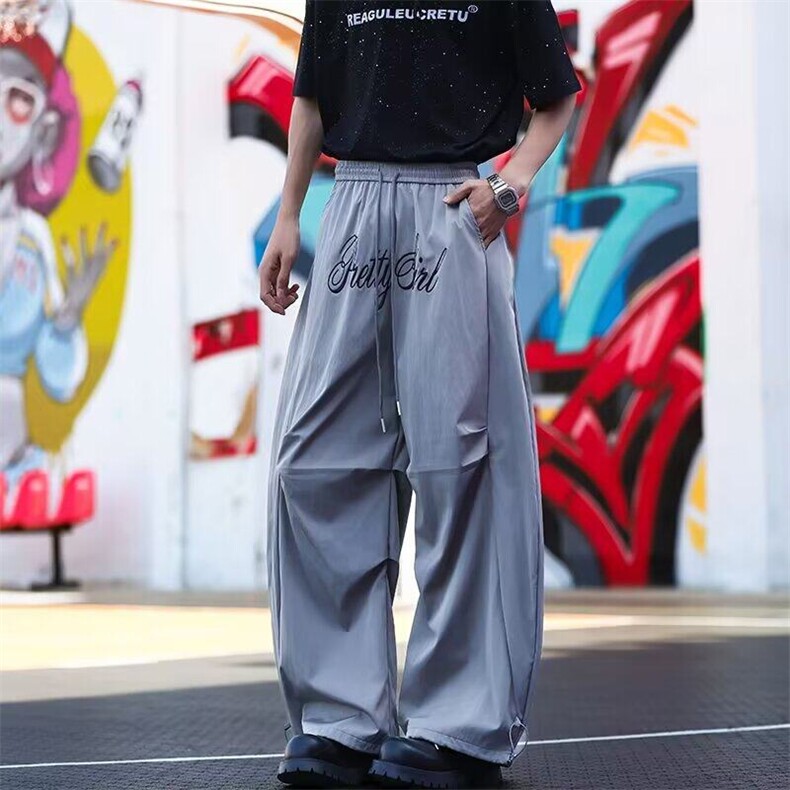 美式字母刺绣褶皱伞兵工装裤男女2026年夏阔腿弯刀长裤K6218-P41,男装休闲裤,星座412-2