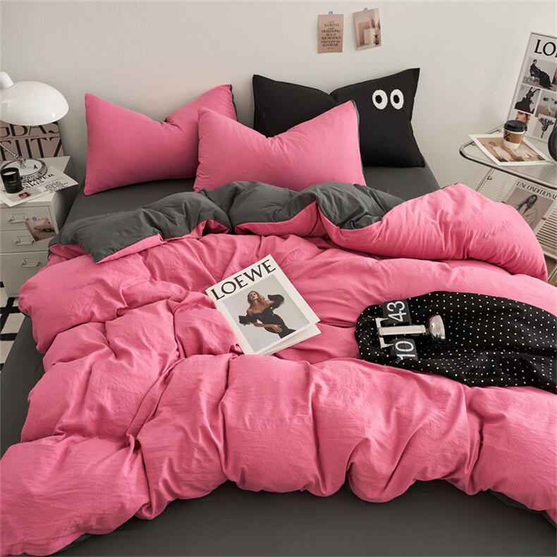 新款ins风超柔褶皱亲肤磨毛水洗棉四件套双拼系列，床品套件，一起卖家纺