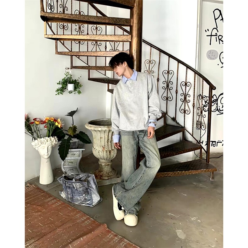 抖音得物高品质26春装美式高街假两件衬衫领长袖卫衣POLO领打底衫,男装T恤,电商A486