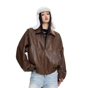 W10473-P73 网图现货 黑色翻领pu皮衣外套宽松机车服拉链短款夹克图片