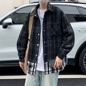 假两件拼接格子外套男女秋季小众设计宽松高街夹克说唱上衣-Y227图片