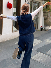 韩系蓝色小香风牛仔套装女2025春季新款时尚休闲马甲阔腿裤两件套，女装套装/套裙，浙宝305