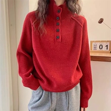 2025春款通勤百搭扣子立领仿羊毛针织衫，女装针织衫/毛衣，萱芳婷羊绒