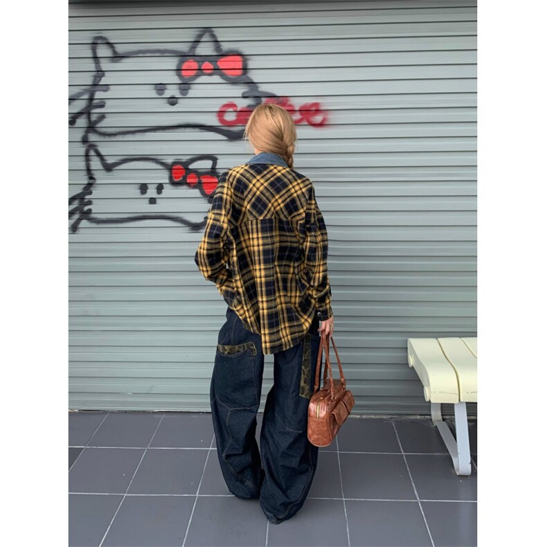 1506/QJ020/P44美式牛仔拼接衬衫外套春秋季小众设计感长袖上衣,男装衬衫,星座1506