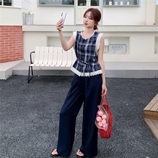 小众蕾丝拼接格纹上衣阔腿裤套装女2025夏季韩系淡人穿搭两件套潮，女装套装/套裙，秋水欣儿