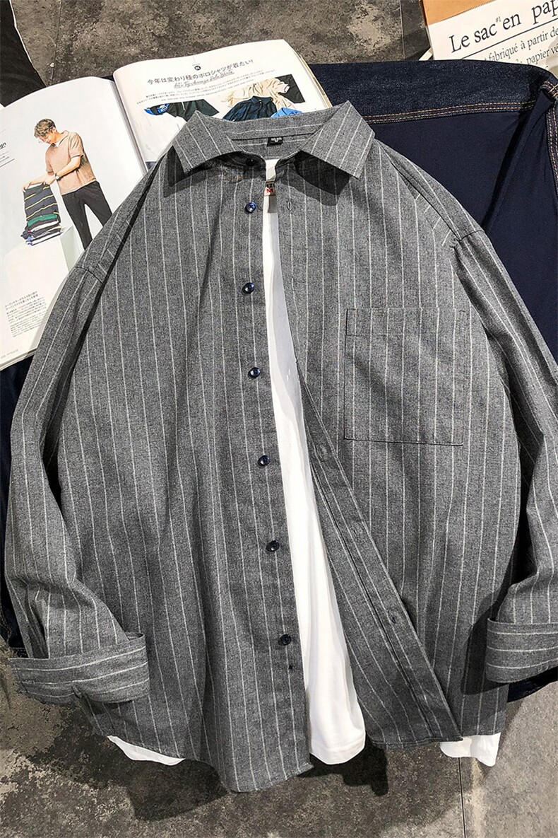男士秋季衬衫长袖休闲韩版潮流宽松条纹衬衣外套DF07T,男装衬衫,电商A102