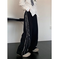 有货。高街开衩休闲裤男女阔腿宽松侧边拼接拉链牛仔裤K6830-P35，男装牛仔裤，星座412-3