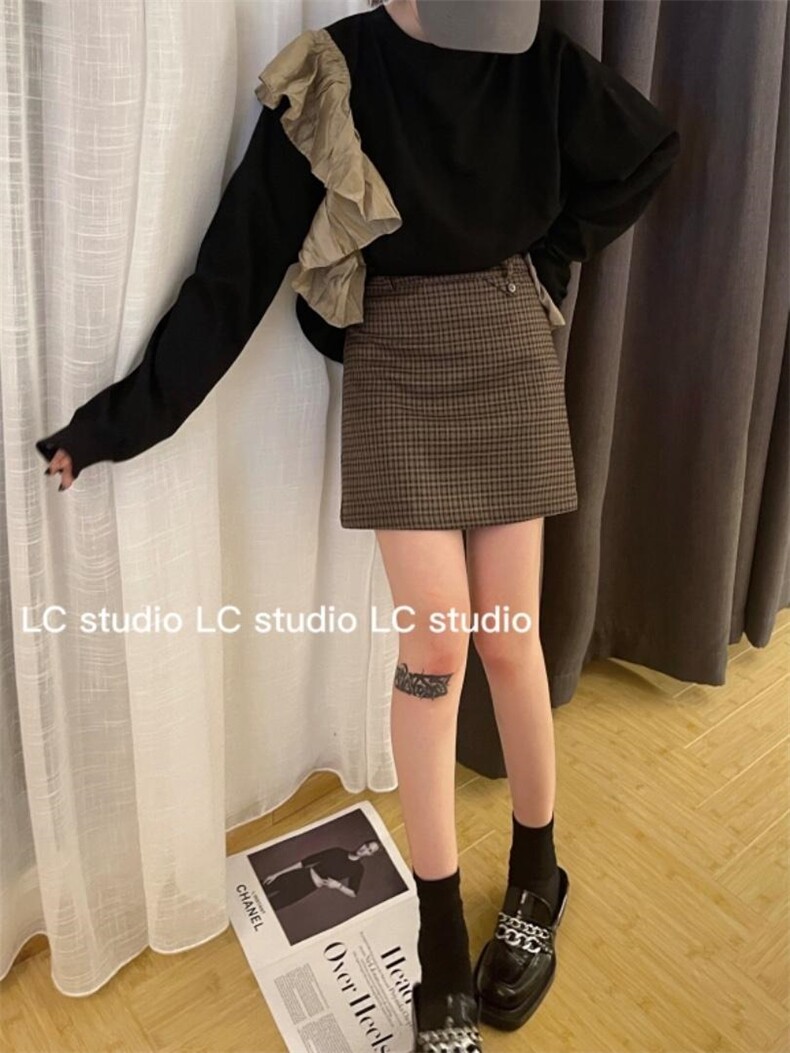 格子半身裙秋季韩版时尚高腰显瘦包臀短裙子，女装半身裙，LC裤子