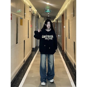 5618-P57新款潮牌刺绣中长款宽松休闲保暖连帽卫衣加绒图片