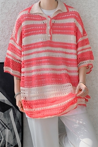 8XL-M 特大码美式复古条纹撞色针织POLO衫翻领休闲短袖TDX311P35图片