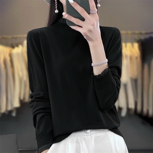 网纱木耳春装立领精纺纯色羊毛衫女毛衣修身针织打底衫秋内搭羊绒图片