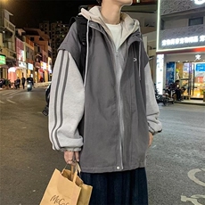 1506-1/JJK3021/P33假两件条纹连帽工装夹克男潮牌美式复古情侣，男装夹克，星座1506-1