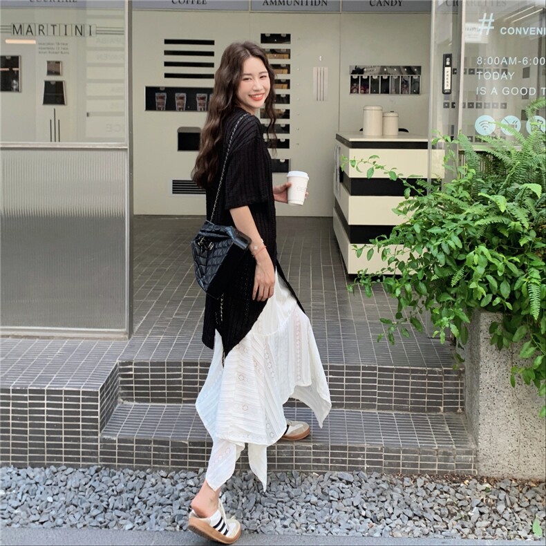 设计感小众黑色不规则t恤裙套装蕾丝半身裙两件套连衣裙女夏新款,女装套装/套裙,2C201