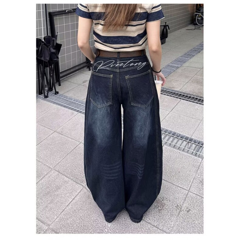 潮流刺绣男女拖地长裤弯刀牛仔裤宽松休闲阔腿裤子K7128-P43网图图片
