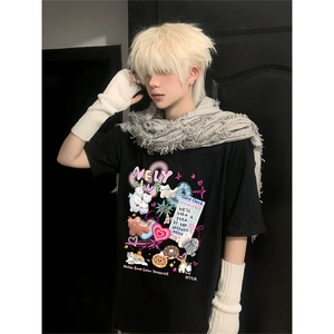 抖音得物供货210克现货宽松纯棉美式潮牌印花落肩袖纯棉T恤AT2143图片