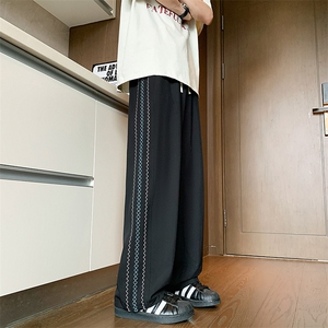 K166/特P35春季百搭个性条纹刺绣休闲裤男垂感冰丝速干长裤图片
