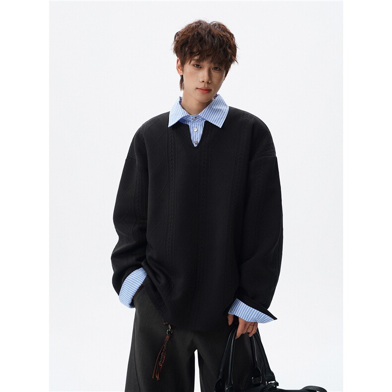 麦穗肌理感衬衫领拼条纹假两件卫衣大码上衣POLO衫外套LW618特P45，男装Polo衫，电商B215