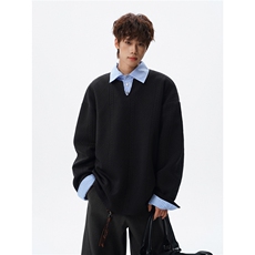 麦穗肌理感衬衫领拼条纹假两件卫衣大码上衣POLO衫外套LW618特P45，男装Polo衫，电商B215