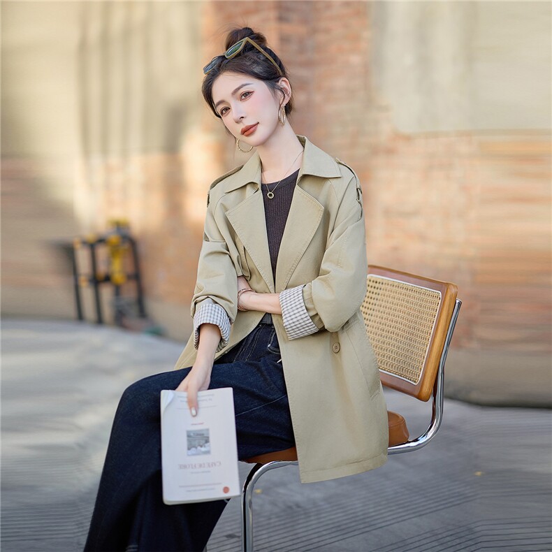 【现货】双排中长款风衣2025秋季新款休闲时尚通勤小个子收腰外套,女装风衣,妃曼