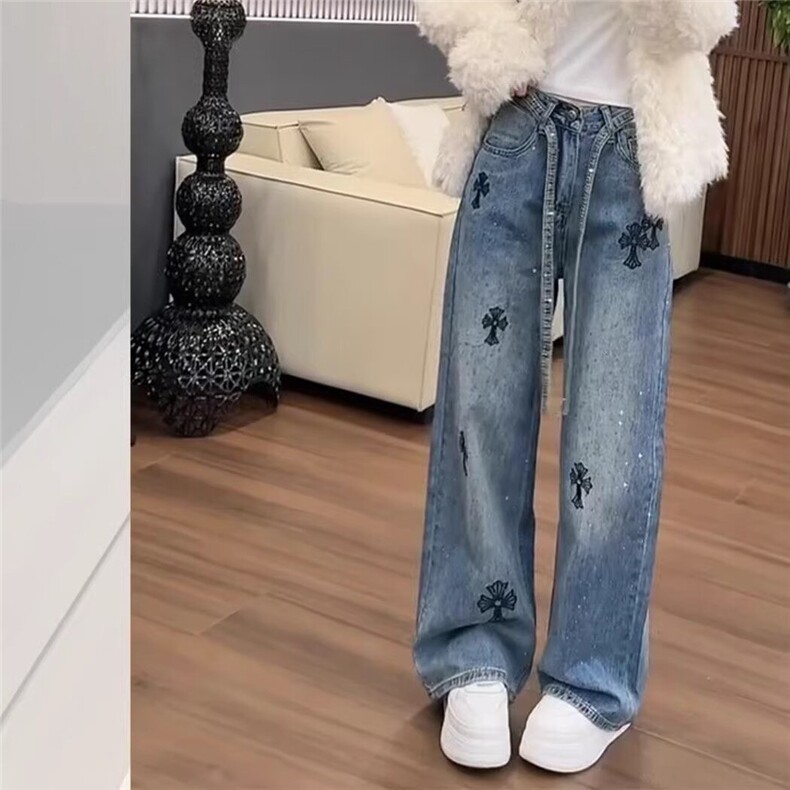 烫钻满天星刺绣十字架直筒牛仔裤女春秋季新款高腰宽松显瘦阔腿裤,男装牛仔裤,星座506A