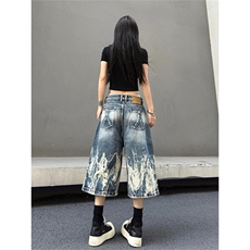 网图现货美式夏季街头闪电纹水洗牛仔短裤男K1113/P40，男装牛仔裤，星座205-3