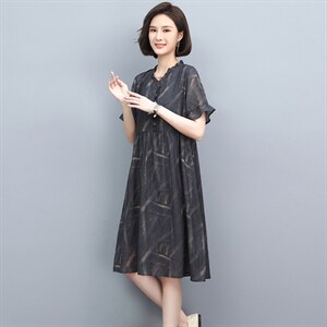 雪纺连衣裙女夏2024新款中年妈妈宽松显瘦大码中长款休闲a字裙子图片