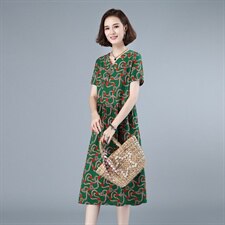2021年夏季中长款A字裙通勤印花民族风韩版短袖套头花色连衣裙，女装连衣裙，伊满意