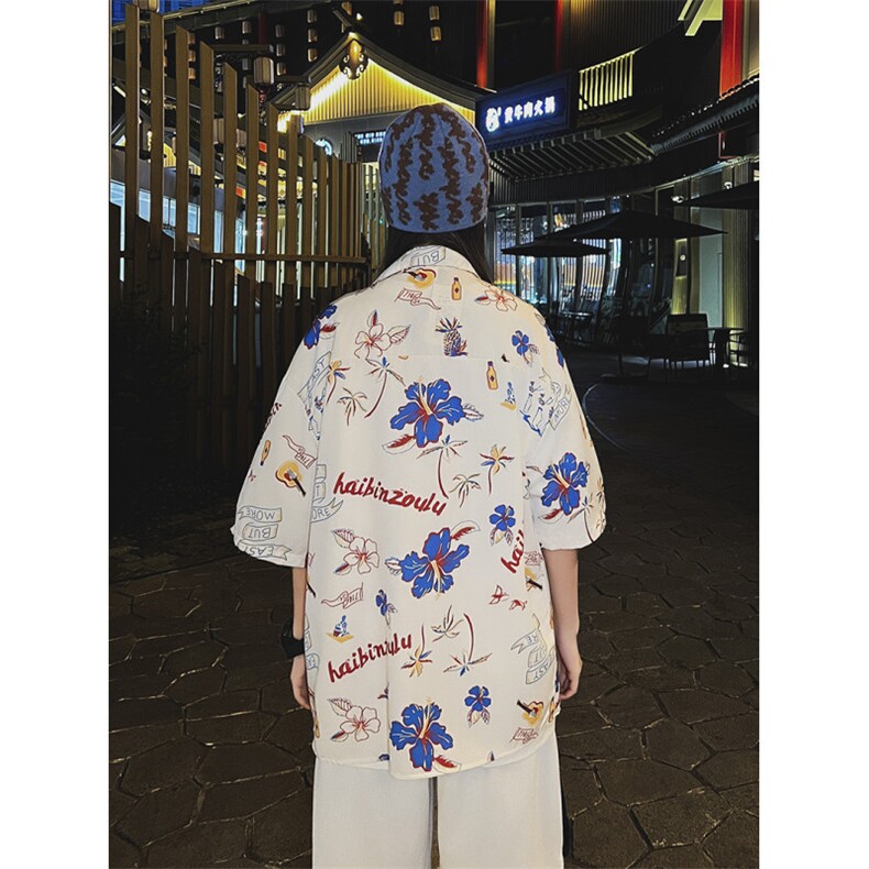 夏威夷风沙滩短袖衬衫男女同款夏季新款印花薄款休闲衬衣,男装衬衫,星座410-7