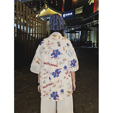 夏威夷风沙滩短袖衬衫男女同款夏季新款印花薄款休闲衬衣，男装衬衫，星座410-7