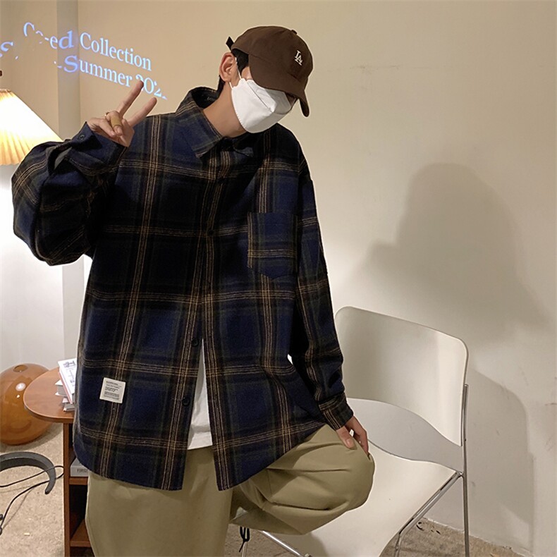 21早秋格子衬衫男外套休闲港风日系百搭衬衣宽松DX151P60控78,男装衬衫,电商B413-1