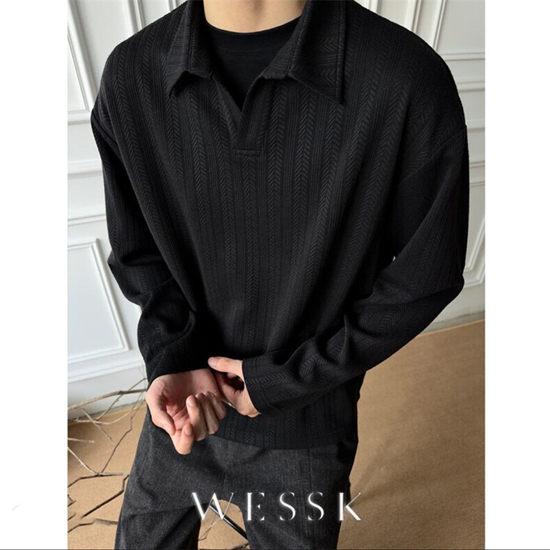 （网图）美式老钱风V领POLO衫男麦穗条纹cleanfit长袖卫衣外套P38，男装卫衣，电商C306-1