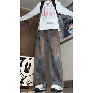 复古嘻哈高街裤子男秋季新款扎染破洞直筒牛仔裤-A1189TP45 控65图片