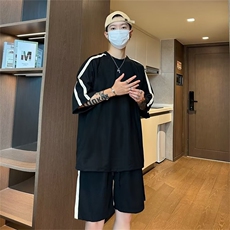 套装男韩版潮流条纹T恤痞帅2023夏季新款ins假两件短裤W4851-P45，男装休闲套装，星座412-3