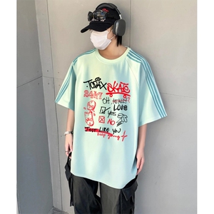 抖音得物品质二开240克宽松纯棉美式潮牌印花三条杠中性风短袖T恤图片