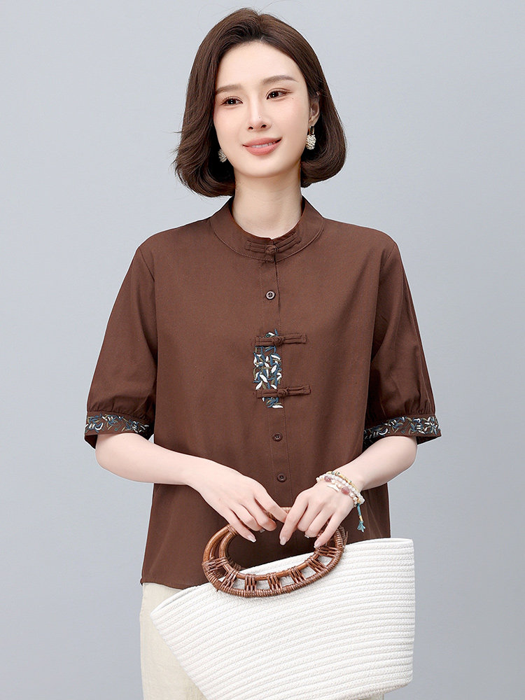 新中式国风刺绣棉麻衬衫女2025年夏季新款妈妈宽松遮肚子亚麻上衣,女装大码女装,依恋蒂丝