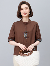 新中式国风刺绣棉麻衬衫女2025年夏季新款妈妈宽松遮肚子亚麻上衣，女装大码女装，依恋蒂丝