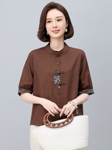 新中式国风刺绣棉麻衬衫女2025年夏季新款妈妈宽松遮肚子亚麻上衣图片