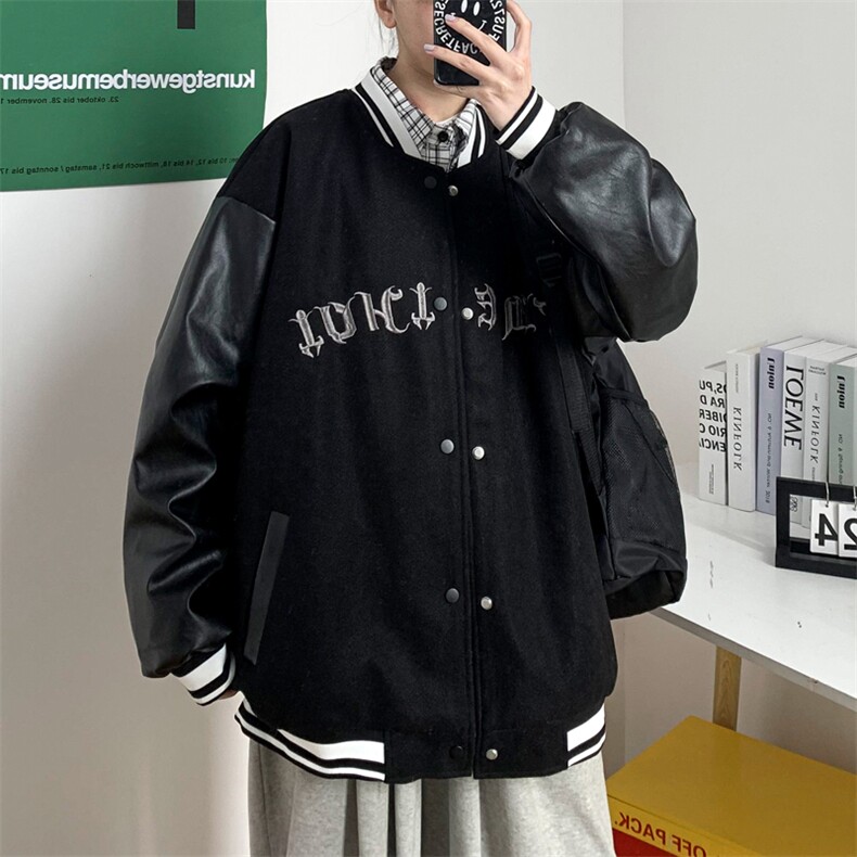 港风刺绣夹克男PU皮拼接宽松美式休闲潮牌棒球服XZ1213-DY06-P90,男装夹克,星座1213