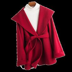 新款羊毛外套秋冬短款腰带毛呢外套连帽双面呢斗篷大衣，女装双面呢大衣，佳恩服饰