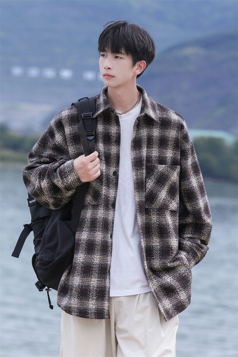 抖音品质格子衬衫男长袖宽松外套衬衣DX503P65控99,男装衬衫,电商B413-1