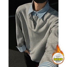 重磅加绒硬挺boxy男女美式高街假两件衬衫领长袖卫衣POLO领打底衫，男装T恤，电商A486