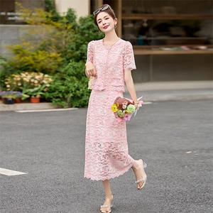 时尚套装女2026夏季新款妈妈装洋气减龄蕾丝拼接上衣半身裙两件套图片
