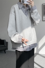 秋冬男士韩系学院风假两件卫衣宽松条纹拼接休闲上衣外套P65，女装短外套，电商B319
