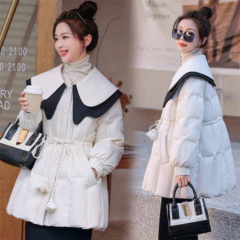 2022年冬季90白鸭绒拼接娃娃领特色气质淑女韩版羽绒服女,女装羽绒服,韩蜜菓